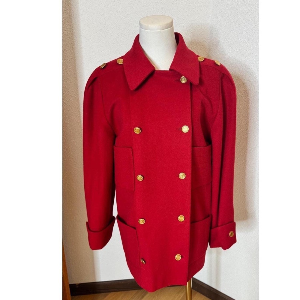 CHANEL VTG 80s Red Wool Double Breasted Coat Coco Coin Buttons 34 - Picture 3 of 12